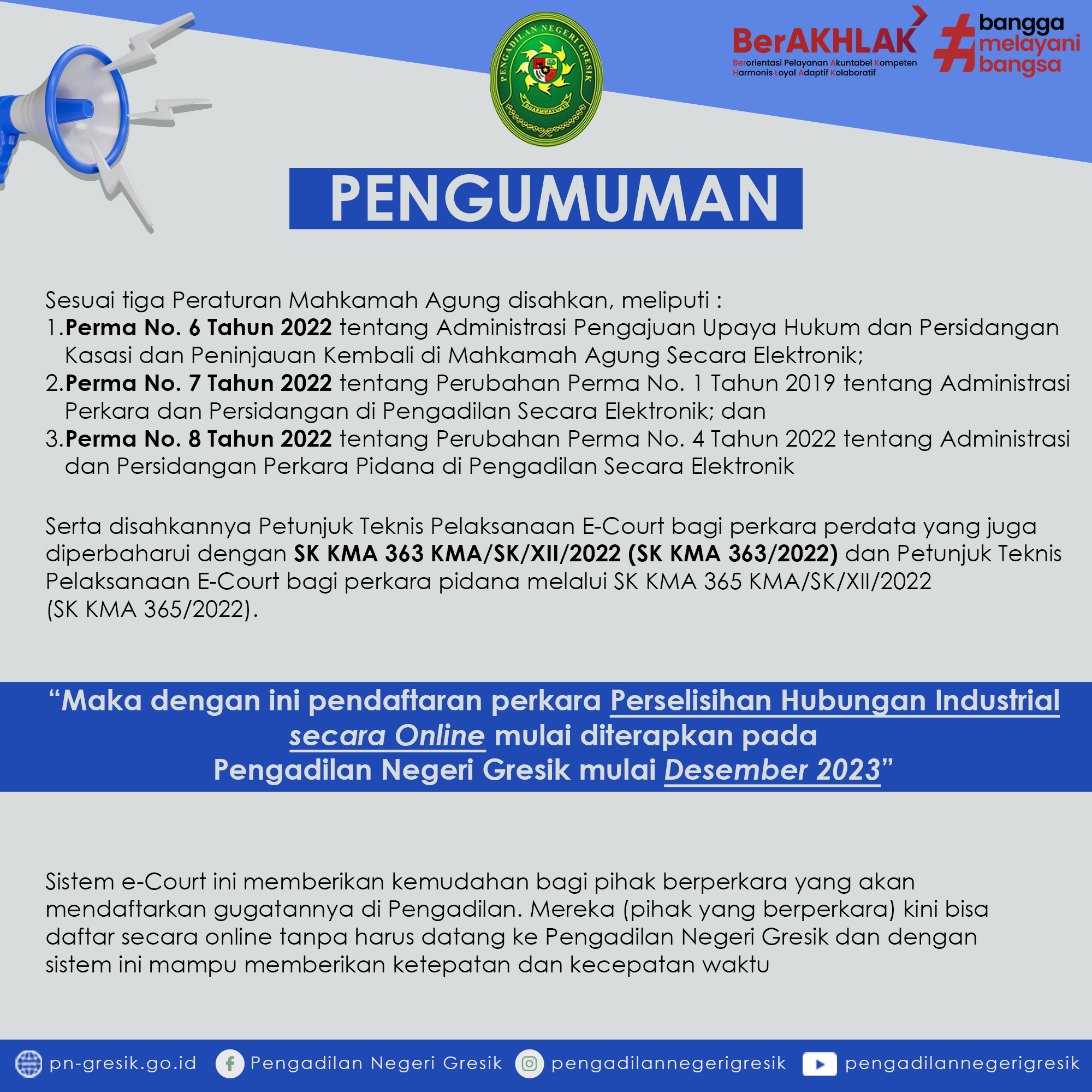 PENGUMUMAN PENDAFTARAN PERKARA PHI PADA PENGADILAN NEGERI / HUBUNGAN INDUSTRIAL GRESIK KELAS IA 