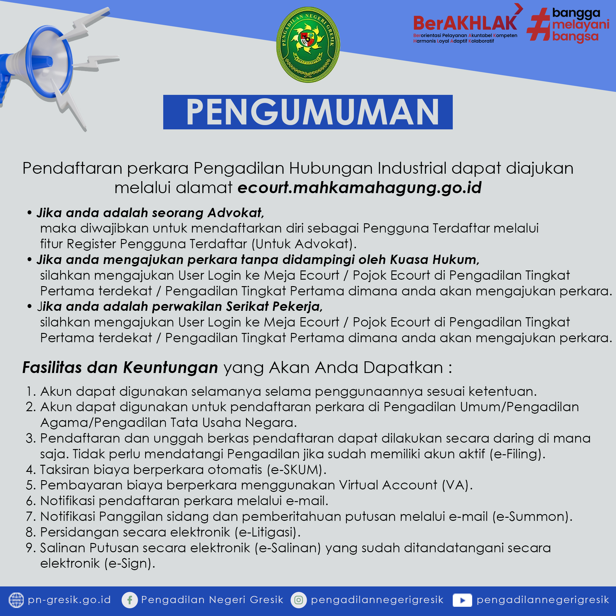 PENGUMUMAN PENDAFTARAN PERKARA PHI PADA PENGADILAN NEGERI / HUBUNGAN INDUSTRIAL GRESIK KELAS IA