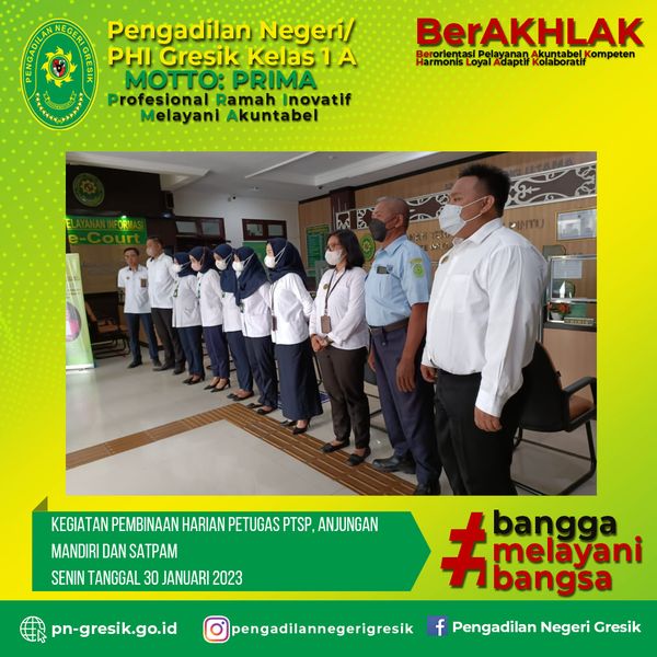 KEGIATAN PEMBINAAN HARIAN PETUGAS PTSP, PETUGAS ANJUNGAN MANDIRI DAN SATPAM SENIN TANGGAL 30 JANUARI  2023 