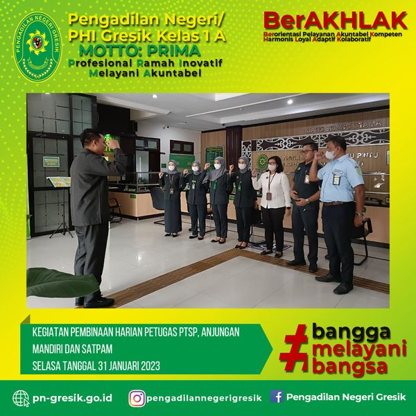 KEGIATAN PEMBINAAN HARIAN PETUGAS PTSP, ANJUNGAN MANDIRI DAN SATPAM SELASA TANGGAL 31 JANUARI 2023